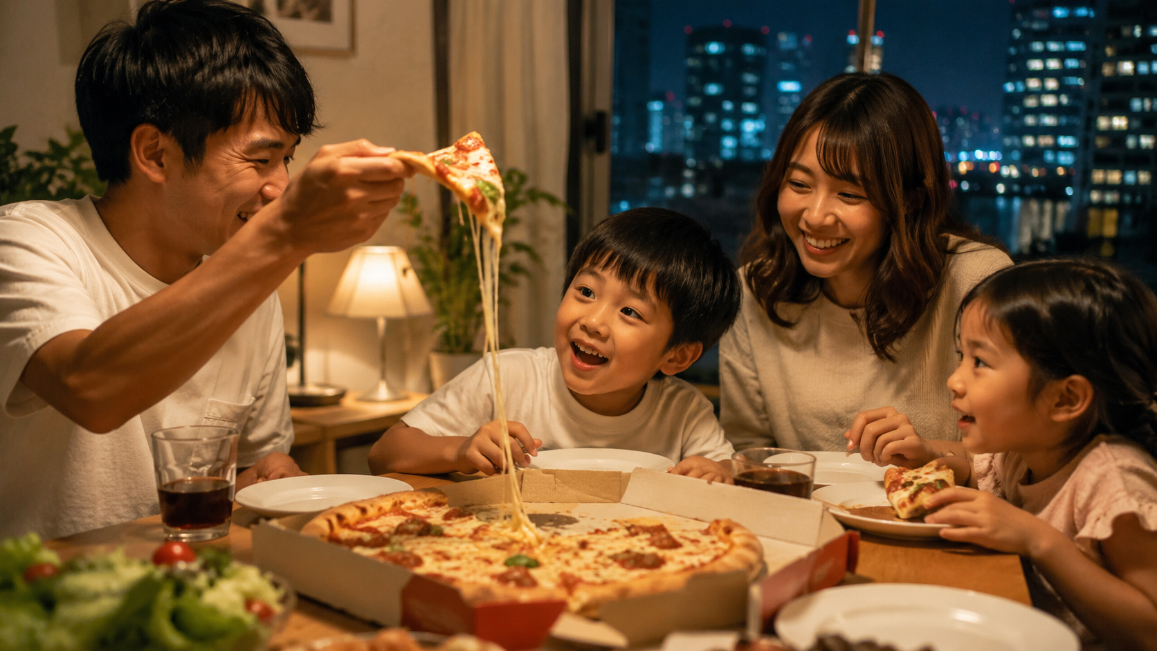 東京の夜、家族や友人がピザを囲みチーズが伸びるあたたかな食卓
