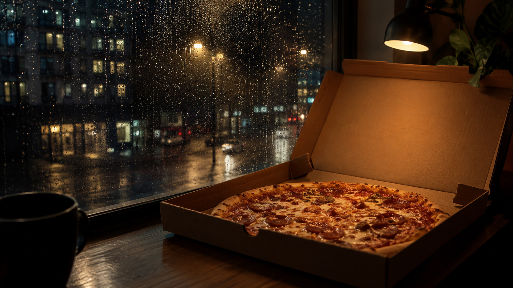 雨の夜、窓辺に置かれたピザの箱